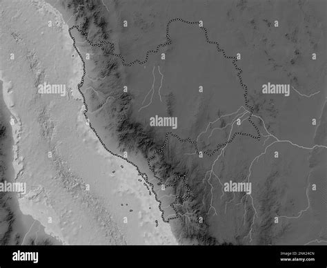 Makkah al Mukarramah, region of Saudi Arabia. Grayscale elevation map with lakes and rivers ...