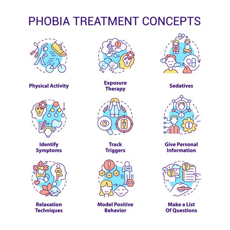 Phobia treatment concept icons set. Therapy techniques. Anxiety ...