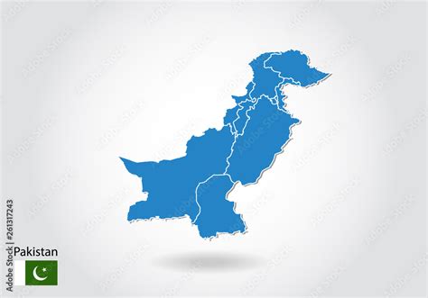 Pakistan map design with 3D style. Blue Pakistan map and National flag ...