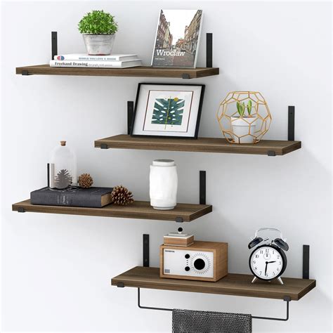 Buy Floating Shelves Wall ed Set of 4, Bathroom Shelf with Towel Bar, Natural Rustic Wood Wall ...