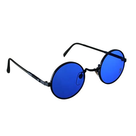 blue round metal sunglasses cobalt blue lens Retro Goth