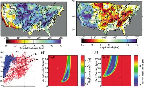 Crust thickness and isostasy models. (a) Crust thickness map with some ...