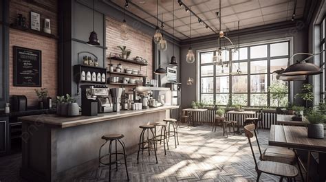 An Industrial Styled Coffee Shop Background, 3d Render Coffee House Cafe Shop Interior Concept ...