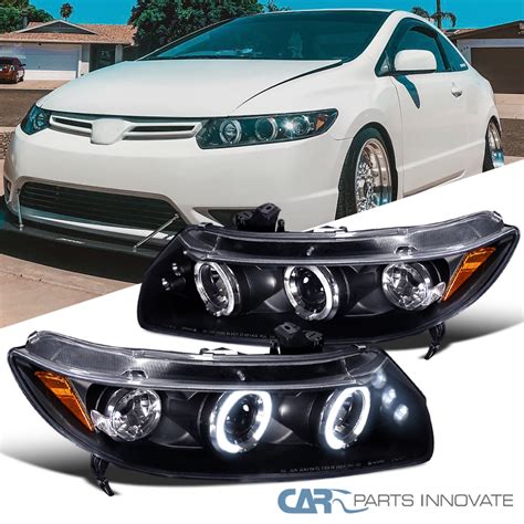 Fit Honda 06-11 Civic 2Dr Black LED Halo Projector Headlights Head ...