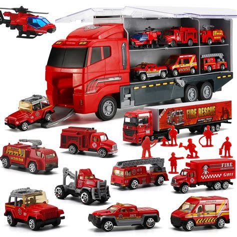 Buy 19 Pcs Fire Truck with Firefighter Toy Set, Mini Die-cast Fire Engine Car in Carrier Truck ...