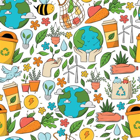 Ecological sustainability, zero waste, environment protection seamless pattern with doodles ...