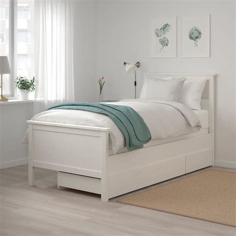 HEMNES Bed frame with 2 storage boxes, white stain/Espevär, Twin - IKEA CA