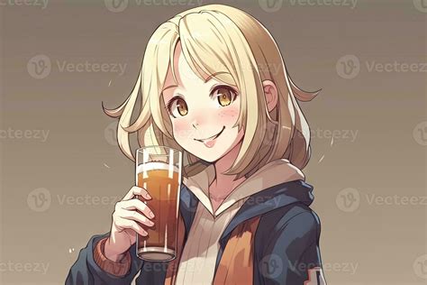 Smiling blonde anime girl holding a glass of beer and looking at you, manga style illustration ...