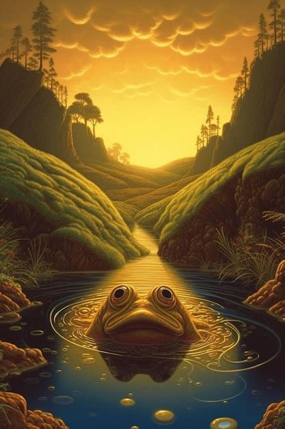 Premium AI Image | A painting of a frog floating in a pond with the sun ...