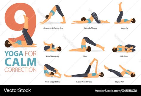 9 yoga poses for calm correction concept Vector Image