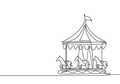 Single continuous line drawing of a horse carousel in an amusement park ...