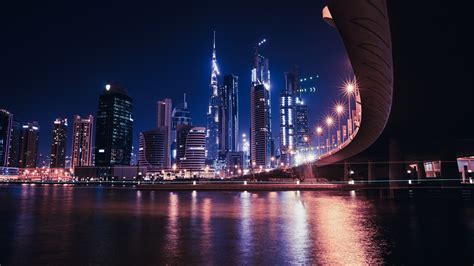 Dubai, UAE, skyscrapers, river, bridge, lights, city night 1080x1920 iPhone 8/7/6/6S Plus ...