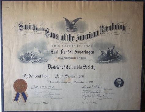 1933 Sons of the American Revolution Membership Certificate of Earl ...