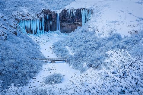 Download Waterfall River Bridge Snow National Park Iceland Nature Svartifoss HD Wallpaper