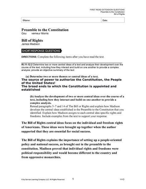 Preamble-Bill of Rights comprehension questio - FIRST READ EXTENSION QUESTIONS Preamble to the ...