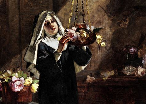 Portrait of a Nun with Flowers Painting by Virgilio Ripari