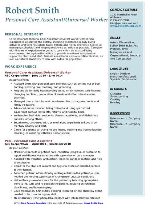 Personal Care Assistant Resume Samples | QwikResume