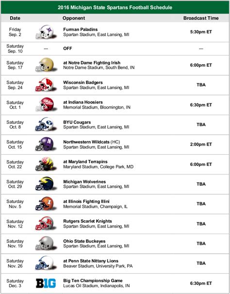 Michigan State Printable Football Schedule