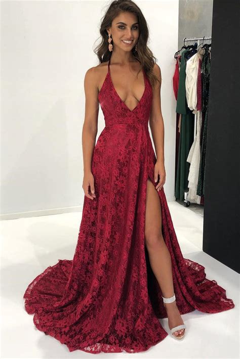 Sexy Halter Burgundy Lace Front Slit V Neck Long Prom Dress – Okdresses