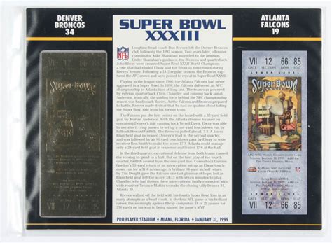 Super Bowl XXXIII Commemorative Score Card with 22kt Gold Ticket | Barnebys