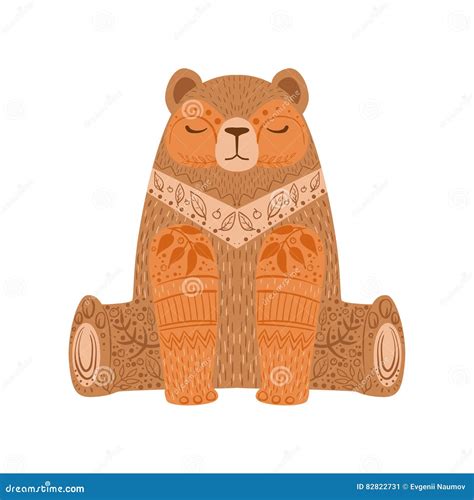 Brown Bear Relaxed Cartoon Wild Animal with Closed Eyes Decorated with Boho Hipster Style Floral ...