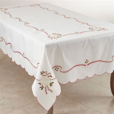 65" X 84" Embroidered Christmas Tablecloth Ivory - SARO Lifestyle, White | Christmas table cloth ...