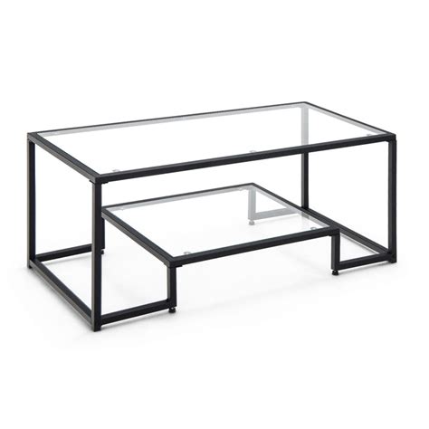 Modern 2-Tier Rectangular Coffee Table with Glass Table Top