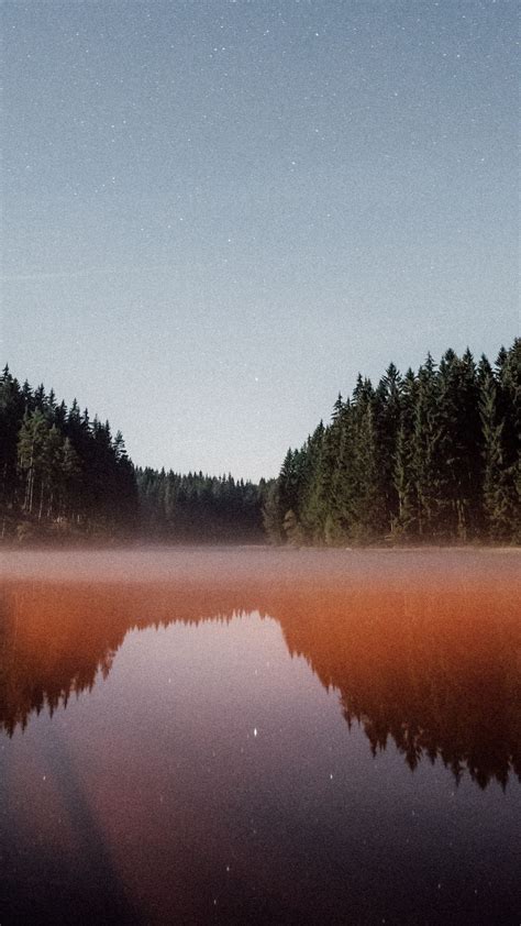 Lake, reflections, starry night, evening wallpaper