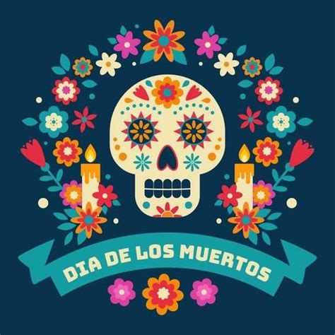 a mexican skull with flowers and candles in the center on a blue background that says dia de los ...