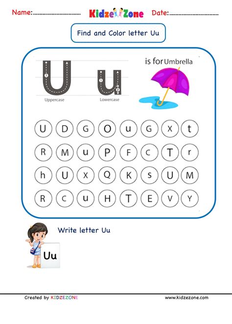 Kindergarten Letter U worksheets - Find and Color - KidzeZone