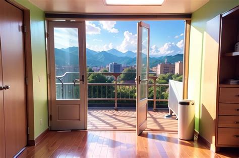 Premium AI Image | A view of a mountain range from a balcony with a door open to a balcony.