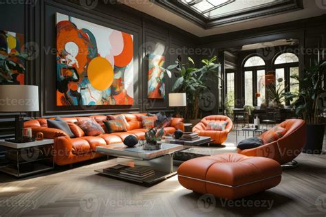 Modern living room with orange sofa 28137636 Stock Photo at Vecteezy