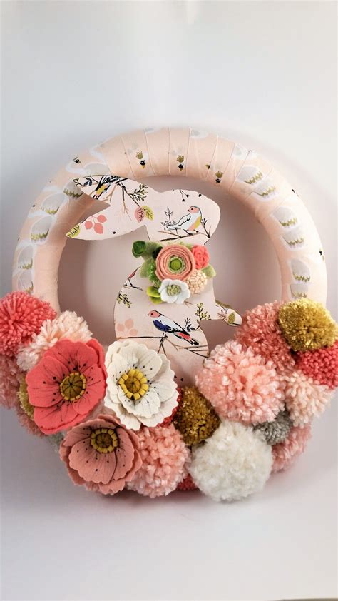 Pompom Easter Wreath with Felt Poppy Flowers and Wood Rabbit