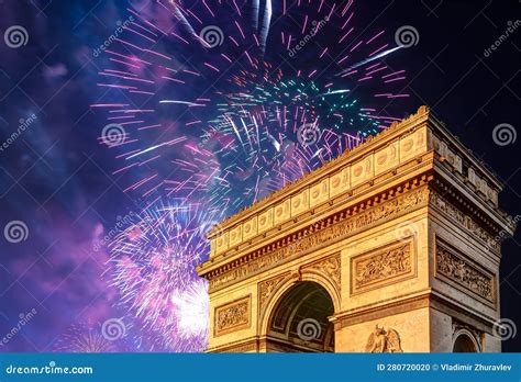 Celebratory Colorful Fireworks Over the Arc De Triomphe, Paris, France ...