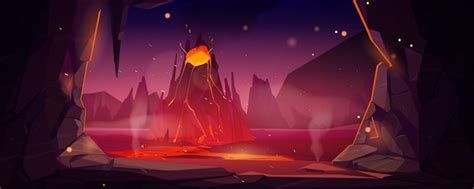 Free Vector | Volcano eruption cave view, Halloween background