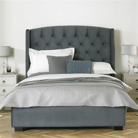 Buckingham Tall Wing Headboard Grey Velvet Bed Frame | FADS