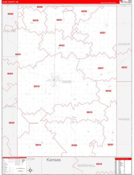 Gage County, NE Zip Code Wall Map Red Line Style by MarketMAPS - MapSales