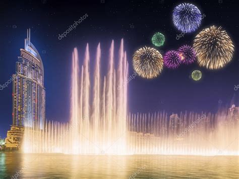 Beautiful fireworks above dancing fountain Burj Khalifa in Dubai, UAE Stock Photo by ©boule1301 ...