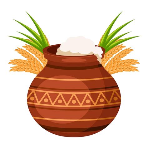 Premium Vector | Traditional clay pot with rice sugarcane and wheat for ...