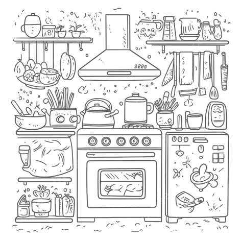 Kitchen Cooking Coloring Page Vector Outline Sketch Drawing, Easy Kitchen Drawing, Easy Kitchen ...