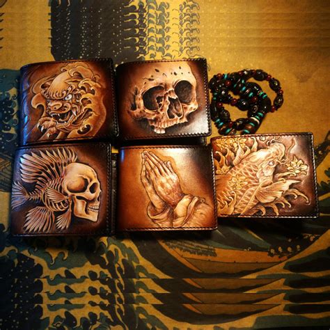 Handmade Leather Skull Tooled Mens billfold Wallet Cool Leather Wallet ...