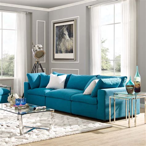 Commix Down Filled Overstuffed 3 Piece Sectional Sofa Set in Teal ...