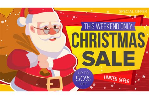 Christmas Sale Banner Vector. Xmas Santa Claus. Big Sale Offer. Cartoon Business Brochure ...