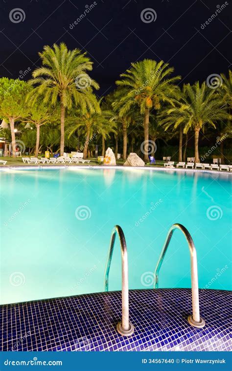 Vertical Night View for Tropical Swimming Pool Stock Photo - Image of ...