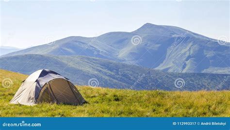 Mountain Panorama with Tourist Tent. Sunrise or Sunset in Mountains ...