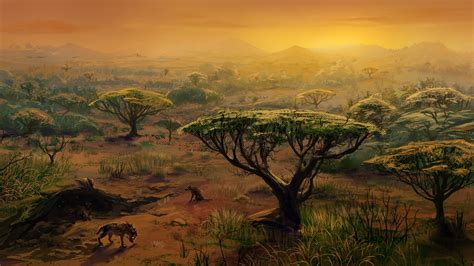 Africa Artistic Hyena Landscape Painting Savannah Tree Wallpaper ...