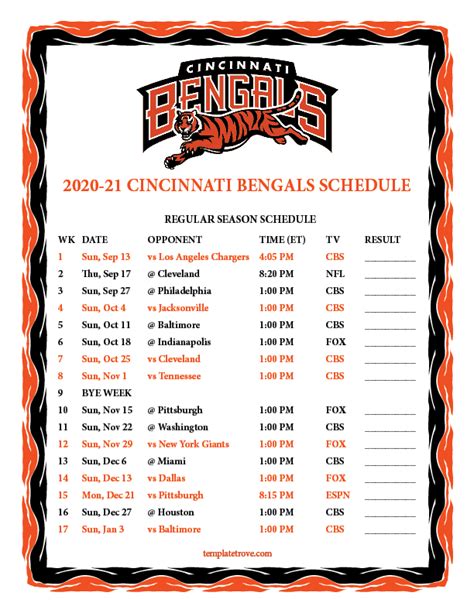 Printable 2020-2021 Cincinnati Bengals Schedule