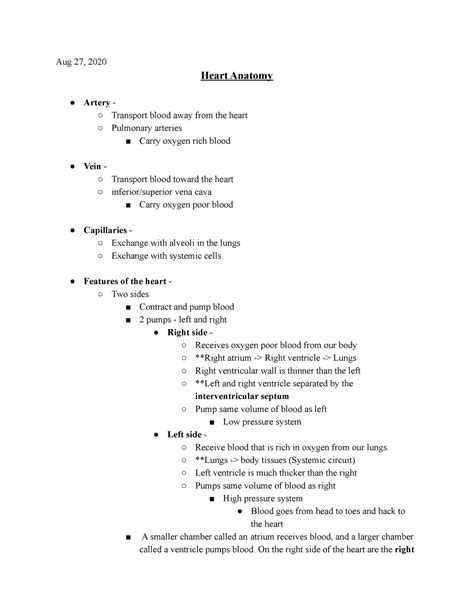 Anatomy & Physiology II Lecture Heart Anatomy - Aug 27, 2020 Heart Anatomy Artery - Transport ...