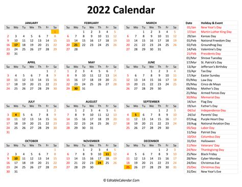 2022 Printable Calendar with Holidays