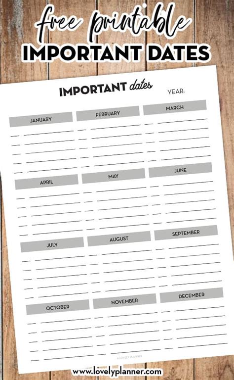 Free Printable Important Dates Planner Insert - Lovely Planner